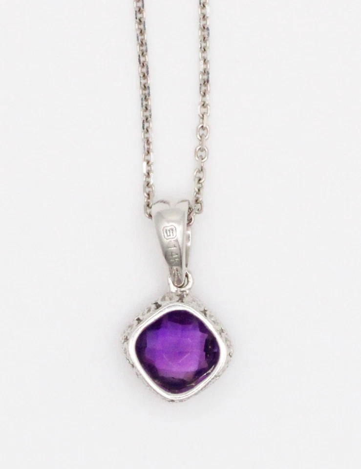 Vintage Amethyst Rhombus Square Pendant - 14k White Gold Necklace - 15" - Image 2 of 4