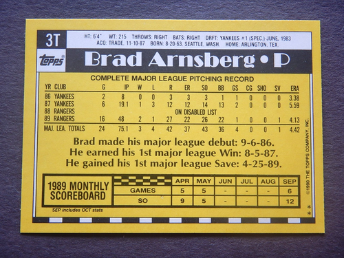 Brad Arnsberg #3T Topps Traded 1990 Baseballkarte (Texas Rangers) - Bild 2 von 2