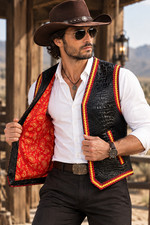 Men's Vintage Black Leather Vest Crocodile Embossed Western Cowboy Paisley Vest