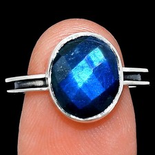 Natural Blue Labradorite Checker 925 Sterling Silver Ring s.7.5 Jewelry R-1056