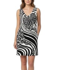 Tabi Women’s White Black Abstract Floral V-Neck Sleeveless Tank Dress Size M