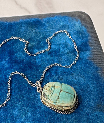 Antique 1920s EGYPTIAN Revival Sterling & Blue Faience SCARAB Converted Pendant