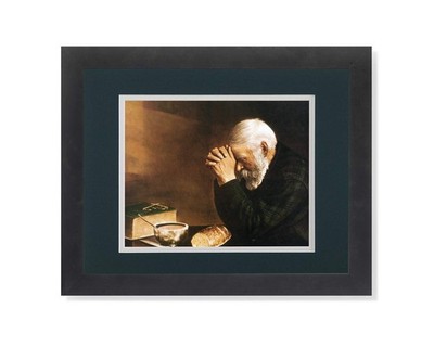 Daily Bread Man Praying at Table Grace Religious Wall Picture G/W Matted Framed