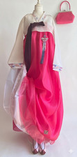 Tall Fit Korean Traditional Dress Hanbok Set -White Top Pink Skirt Petticoat Bag