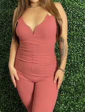 Dusty Rose Ribbed Notched V Neck Catsuit Jumpsuit Criss Cross Back Bodycon SZ M
