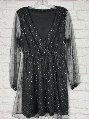 Black Glitter Mesh Long Sleeve Large Dress