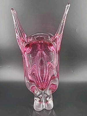 Czechoslovakian Chribska Glass ''Cats Head'' Vase by Josef Hospodka Cranberry Pink