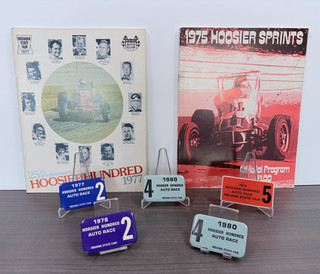 7 Vintage 1970s HOOSIER HUNDRED SPRINT CAR RACING Programs Button Badges LOT