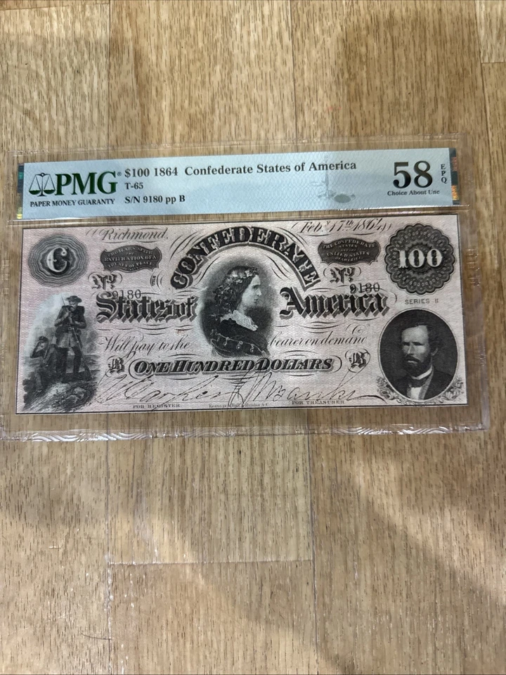 T-67 1864 $100 Confederate States of America PMG 58 Extremely  PP B S/n 9180 Low - Image 2 of 3