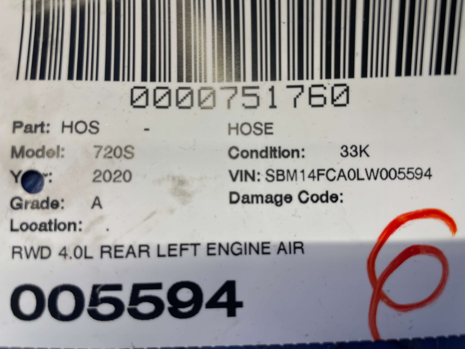 2018-2023 MCLAREN 720S RWD 4.0L REAR LEFT ENGINE AIR PUMP HOSE TUBE 14F0101CP