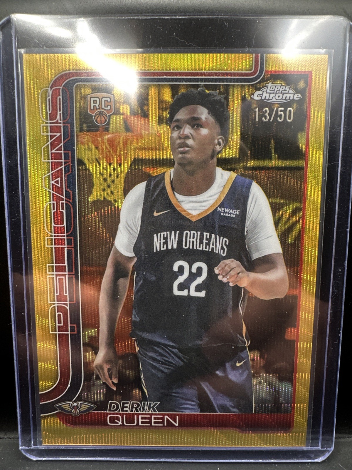 Derik Queen 2025-26 Topps Chrome 13/50 Gold Wave RC Pelicans #263