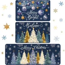 3 Pcs Christmas Kitchen Rug and Mat Set Washable Blue Xmas Tree Kitchen Floor...