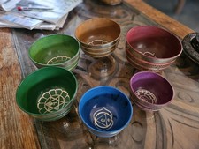 Used Handmade Painted Metal Singing Bowl Set of 6 Tibetan Meditation Bowls