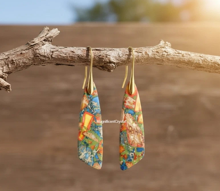 Rainbow Imperial Jasper Earrings Teardrop Dangle Healing Chakra Women Jewelry - Image 4 of 4