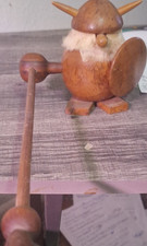 Handmade Wooden Viking Figurine with Shield and Mace Brown Carved Sculpture