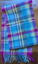 AVOCA The Mill Scarf Plaid 100% wool Fringed UNISEX 64x9.25 inches blue pink