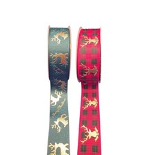 Reindeer Plaid Christmas Grosgrain Ribbon Set 2 Rolls 1"x10Y Holiday Gift Wrap