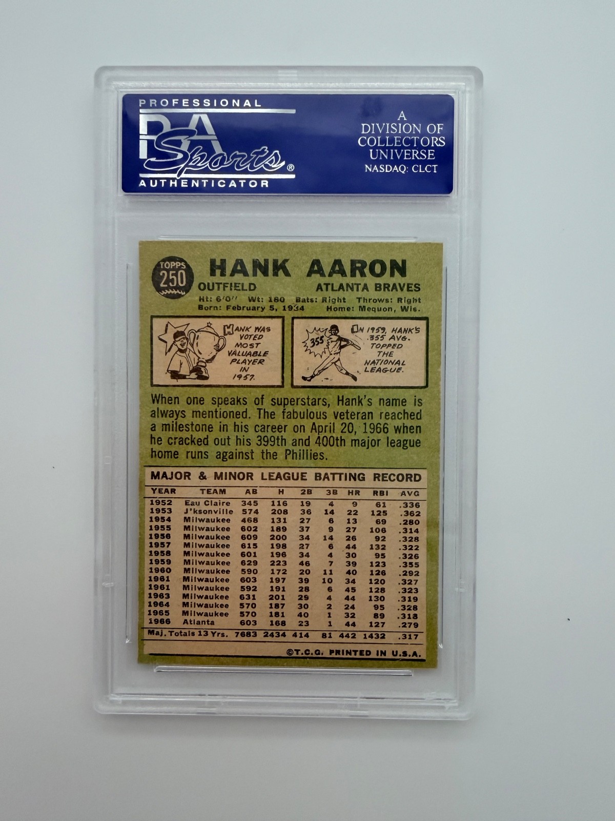 1967 Topps Hank Aaron #250 PSA 6 EX-MT Braves HOF Vintage Baseball Card view 2