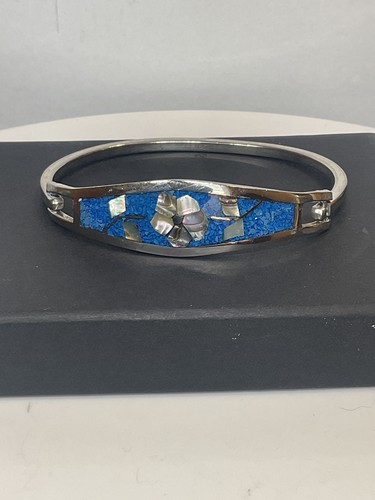vintage 925 sterling silver taxco mexico bracelet/ MOP& Turqouise inlay. 7”