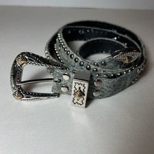 Vintage Studded Denim Leather Belt Western Silver Buckle M/L Taiwan