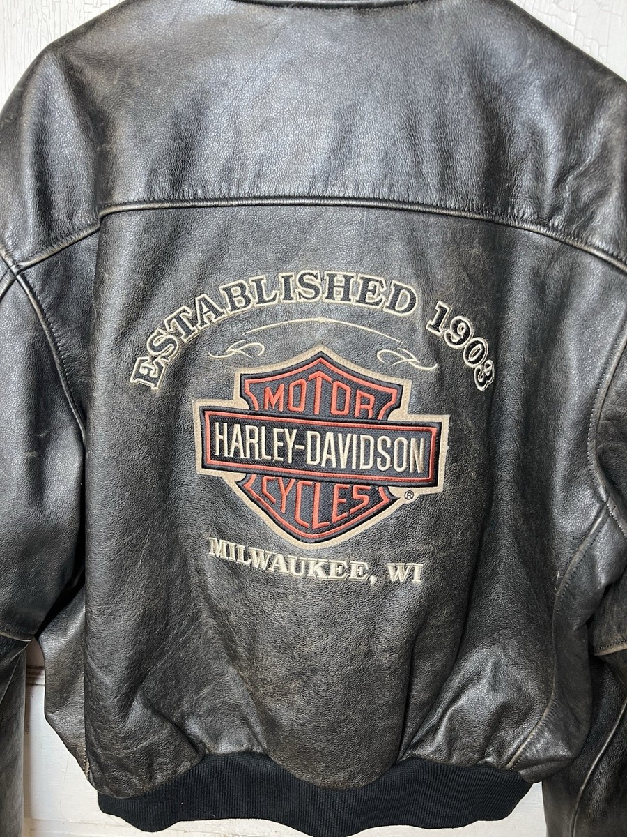 Harley Davidson Brown Leather Jacket Mens Large Embroidered