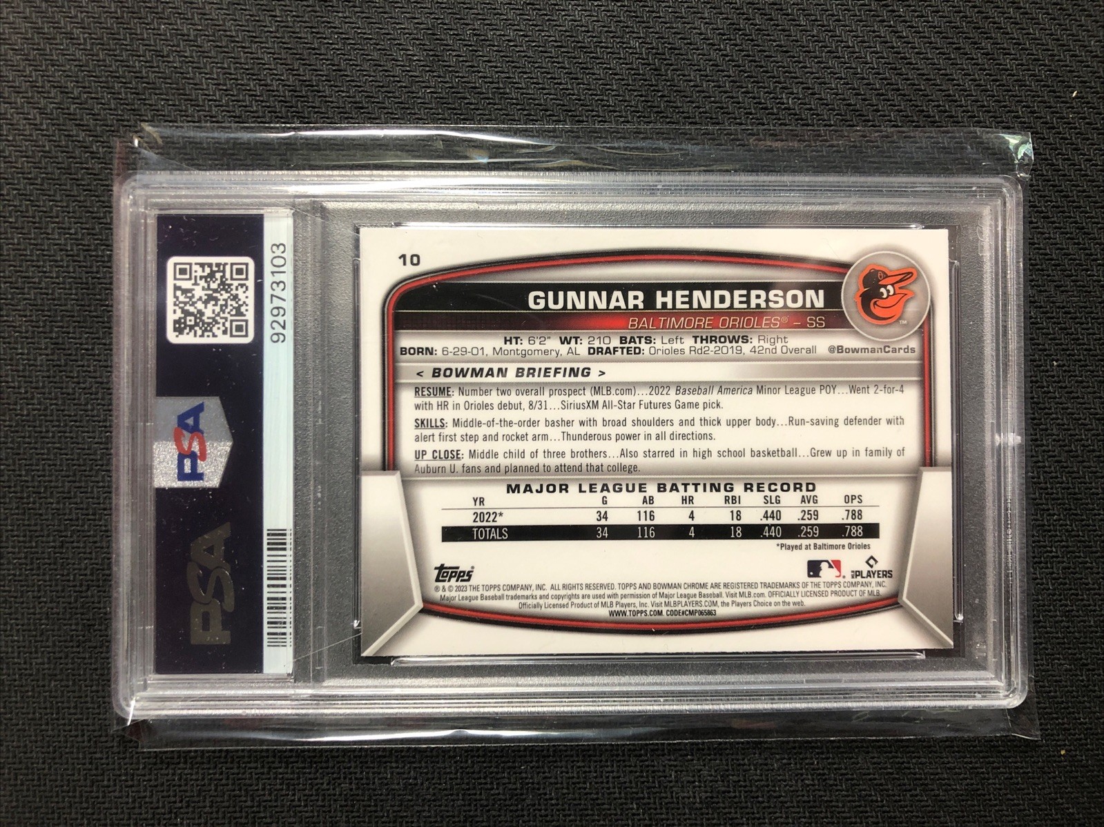 GUNNAR HENDERSON 2023 Bowman Chrome RC PSA 10 view 4