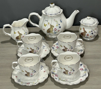 NEW Grace Teaware 11 Piece Tea Set Easter Bunny Teapot Sugar Cream Cups Saucers