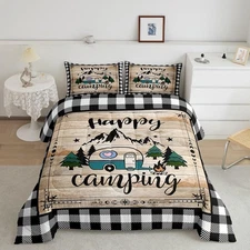 Camp Travel Car Comforter Set Balck and White Buffalo Plaid Queen Bedding Set...