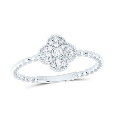 14K Weißgold echter Diamant Damen Glück 4 Blatt Kleeblatt Perlen Bandring 1/8 Karat
