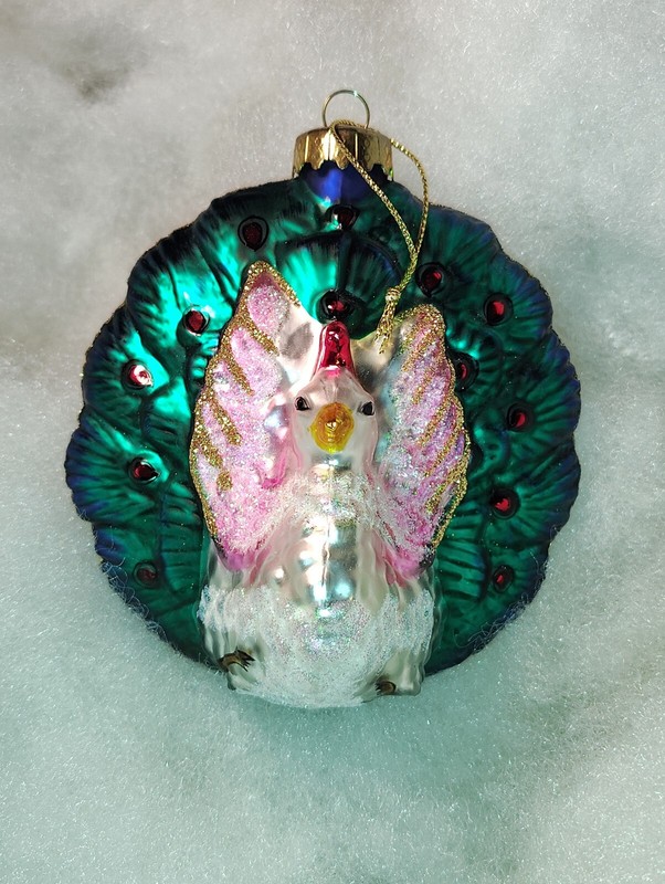 Vintage Peacock Hand Blown Glass Christmas Ornament Glitter Large Bird Colorful