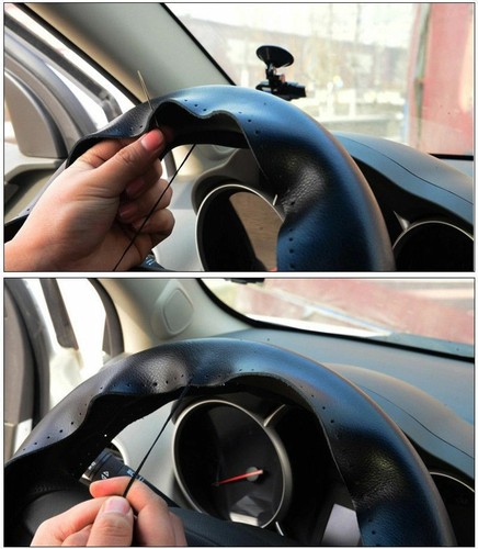 Premium Black Leather Steering Wheel Cover 14.5"-15" For Car Ford F150 - Picture 9 of 10