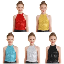 Kids Girls Shirt Cropped Crop Top Stage Performance Tank Tops Sparkle Vest Jazz