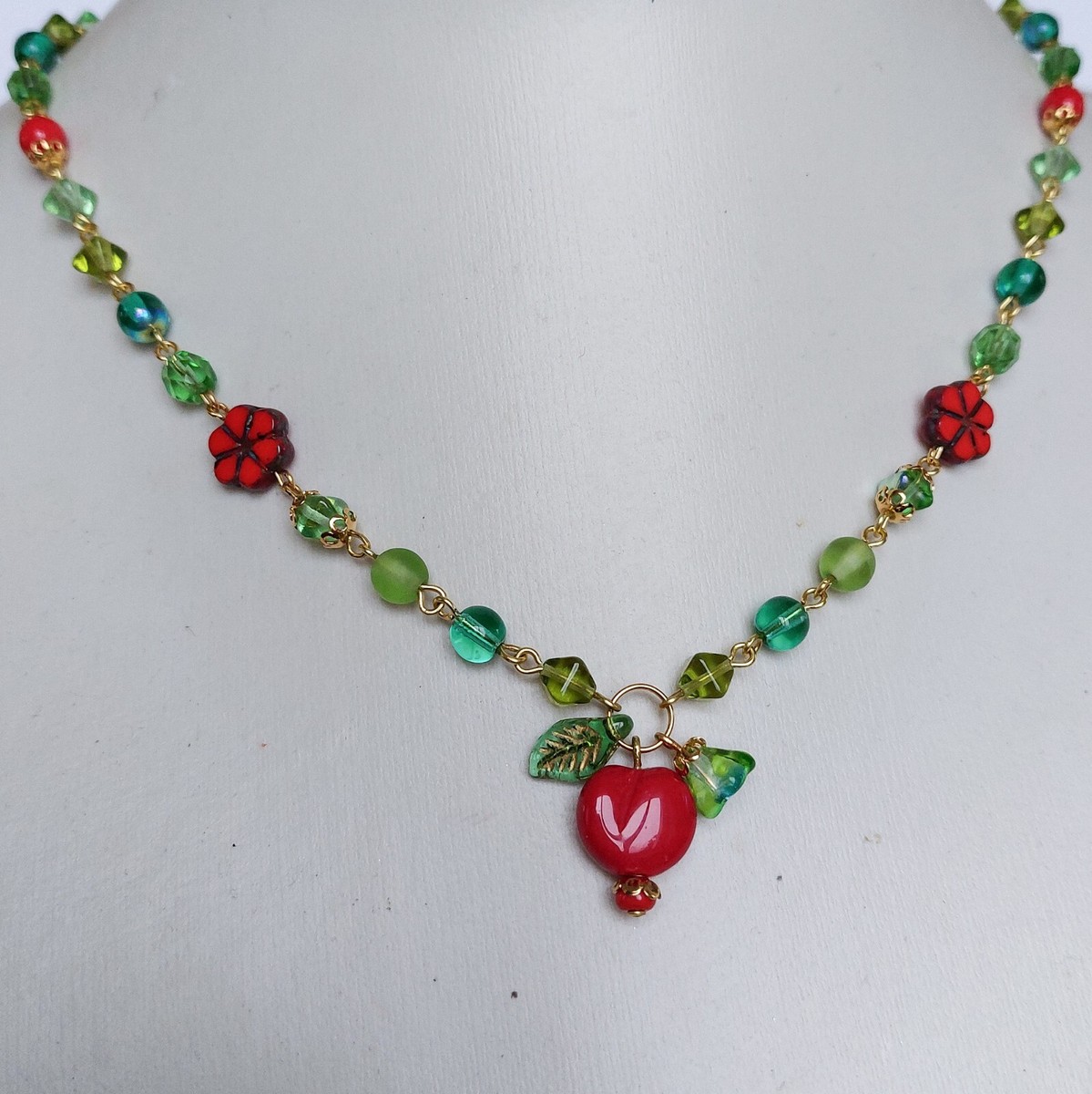 Czech red apple fruit and flower glass beads pendant necklace
