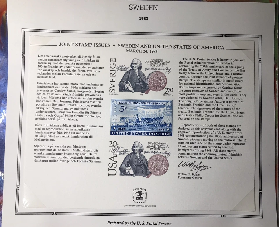 SWEDEN 1983 * BEP SOUVENIR CARDS *  * 3 Cards *  * Two 1st Day issue Cancelled - Image 3 of 3