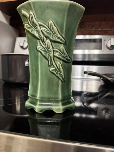 Vintage 8" Green Earthenware McCoy Type Vase w/Embossed Leaves 257
