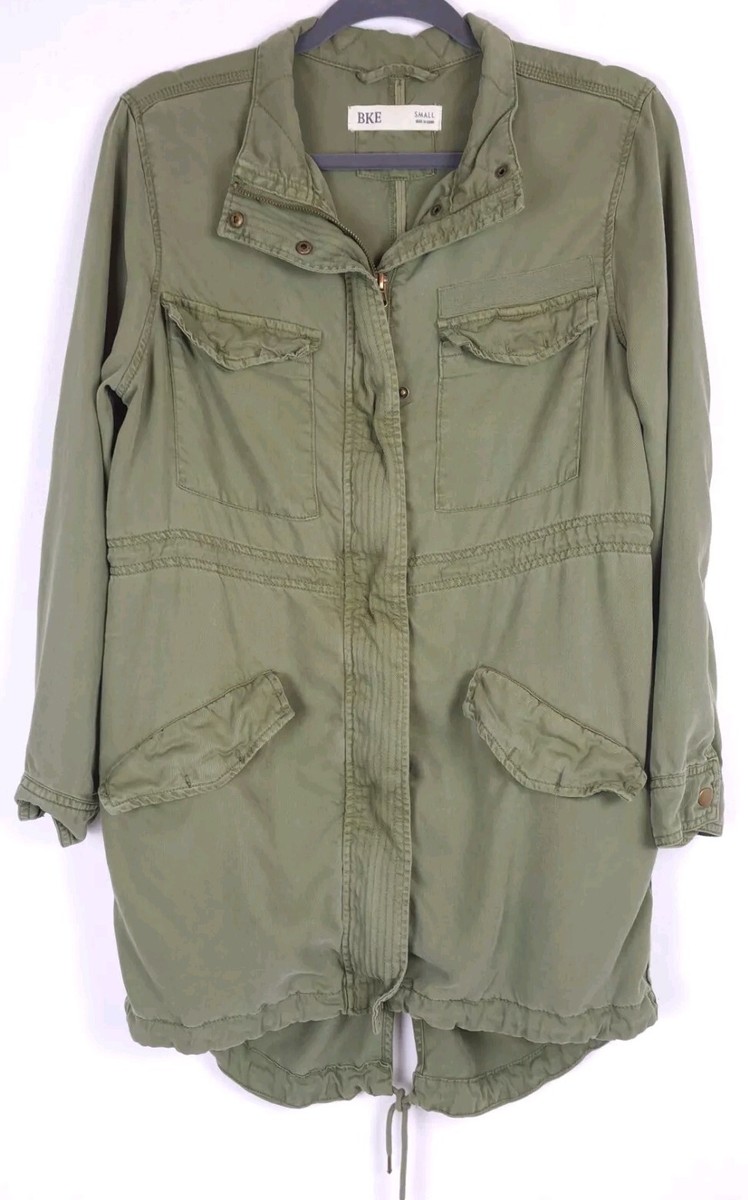 BKE Buckle Jacket Womens Small Washed Canvas Olive Green Full Zip Military
