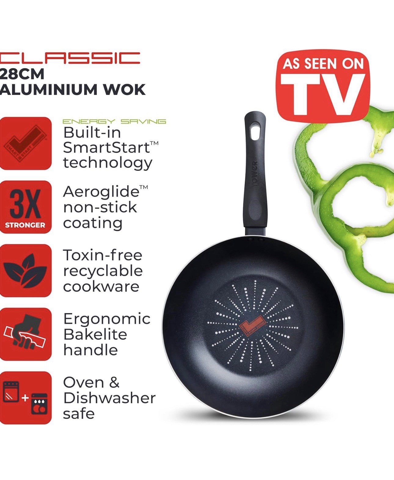 Tower Aluminium Wok Smart Start 28cm T700306