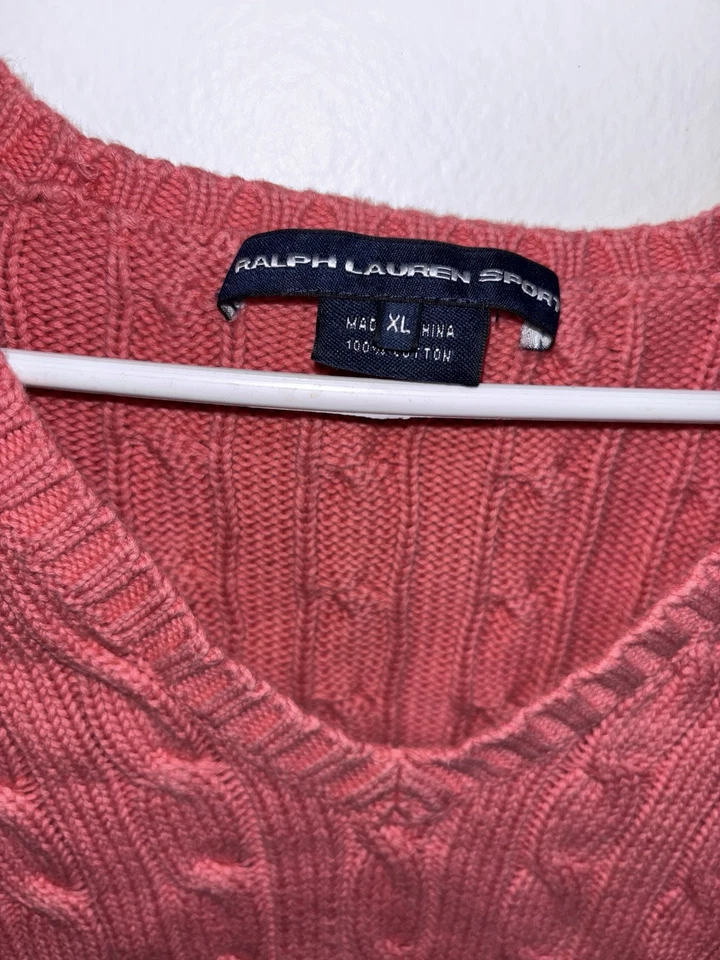 Suéter esportivo feminino Ralph Lauren XL rosa malha de cabo gola V algodão pônei vintage - Imagem 3 de 4
