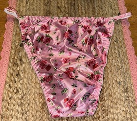 VTG 80&rsquo;s 90&rsquo;s Style Pink Floral Satin Hi-Cut String Bikini Panties XL NEW