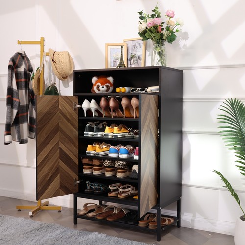 Shoe Storage Cabinet with Doors & Open Shelves Shoe Rack Storage Organizer Black - Picture 7 of 7