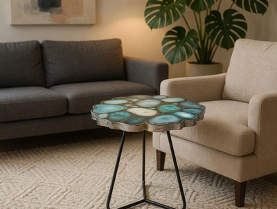Green Agate Table Top   Handmade Gemstone Inlay | Live Edge Art Luxury Home DECO