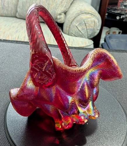 Fenton Ruby Pigeon Stretch Glass Mini Teardrop 4.5 in Basket Iridescent 2004