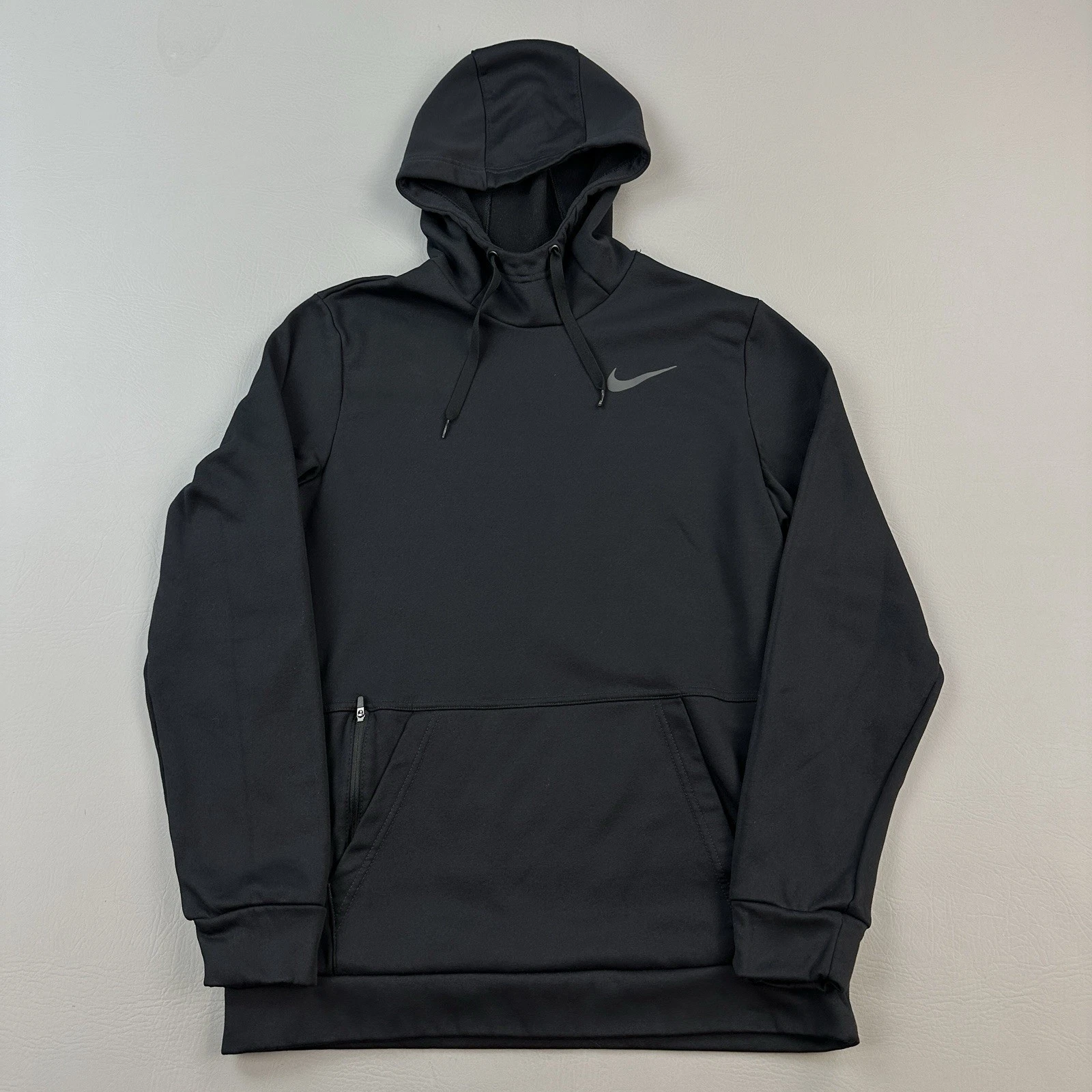 Nike Hoodie Mens Medium Black Therma Dri Fit Swoosh Logo Zip Pocket Pullover