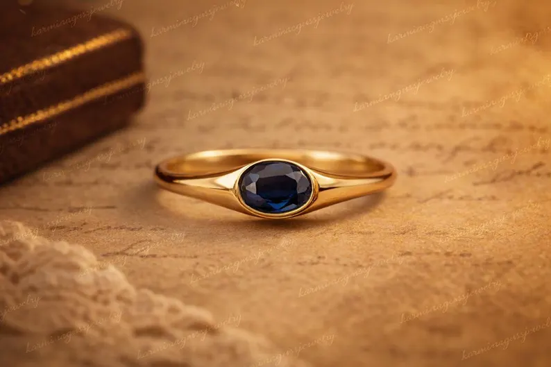 Blue Sapphire Ring, Gold Alloy, Anniversary Birthday Gift For Her, Women Ring