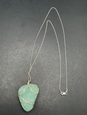 Vtg Sea Glass Mint Green Wire Wrapped Pendant Sterling Silver 925 Chain Necklace