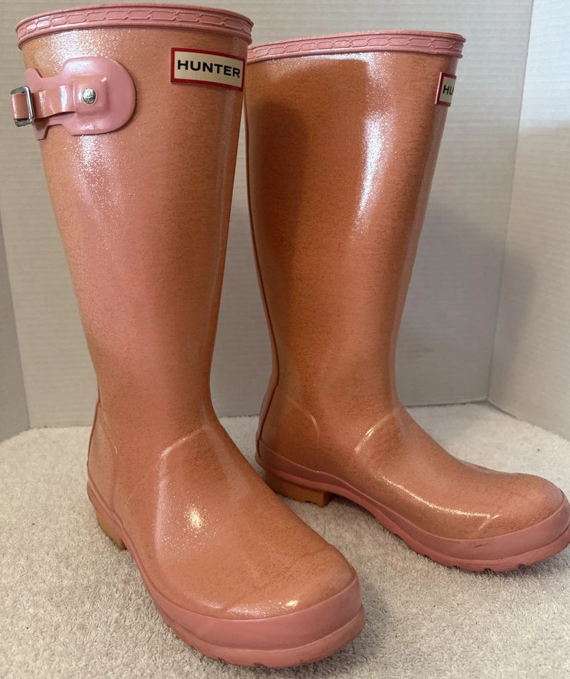 Botas de chuva Hunter Originals meninas tamanho 6B altura rosa glitter borracha - Imagem 3 de 4
