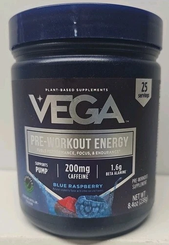 Vega Pre-Workout Energy Blue Raspberry 8.4 oz 238 g 25 Servings Best By 12/26