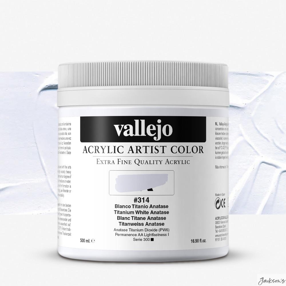 Vallejo Artist Acrylic Paint 100% Acrylic Resin 500ml Titanium White Anatase