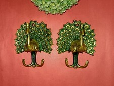 Brass Peacock Design Wall Mount Hooks Peafowl Bird Clothes Hanger Set of 2 HK525