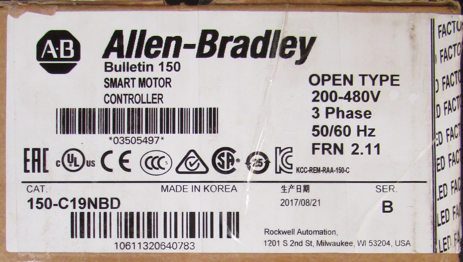NEW Allen-Bradley 150-C19NBD 200-480V SMC-3 Smart Motor Controller 150C19NBD